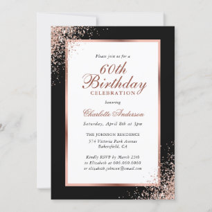 Invitation Elégant Noir et Rose Gold Confetti 60e anniversair