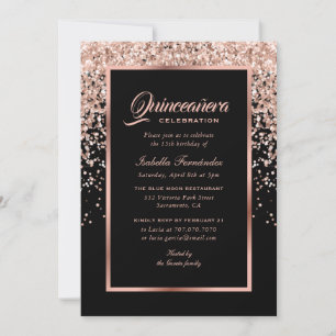 Invitation Elégant Noir et Rose Or Confetti Quinceañera