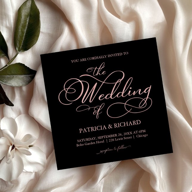Invitation Élégant noir et rose or feuille d'écriture mariage (Créateur téléchargé)