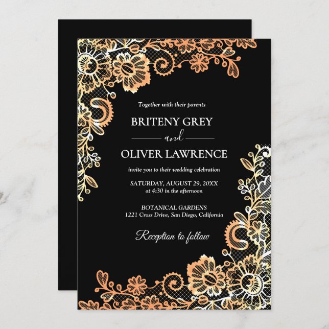 Invitation Elégant noir et Rose or Mariage de dentelle floral (Devant / Derrière)