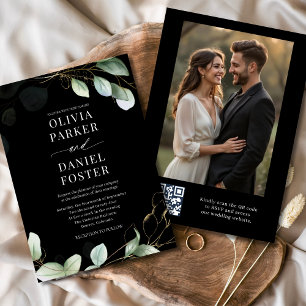 Invitation Elégant noir Eucalyptus QR Code Mariage photo