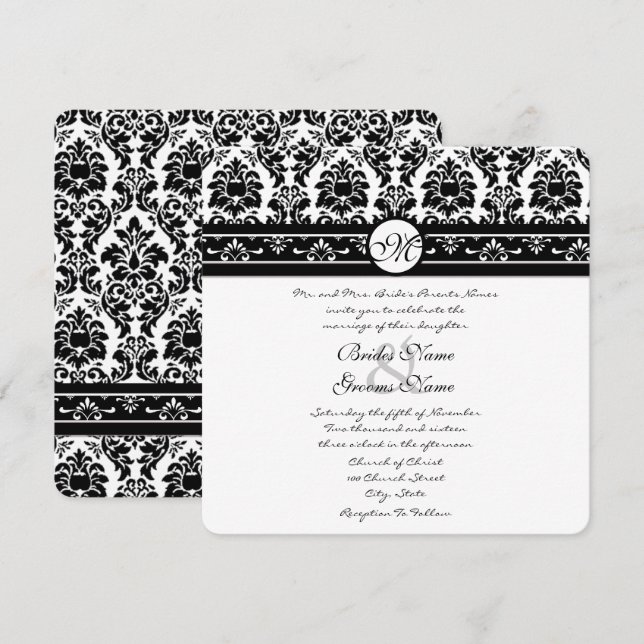 Invitation Elégant noir Faux gravé Floral Mariage damassé (Devant / Derrière)