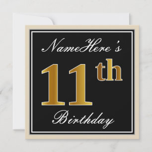 Invitation Élégant, noir, faux or 11e anniversaire + nom