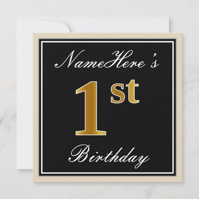 Invitation Elégant, Noir, Faux Or 1er Anniversaire + Nom (Devant)