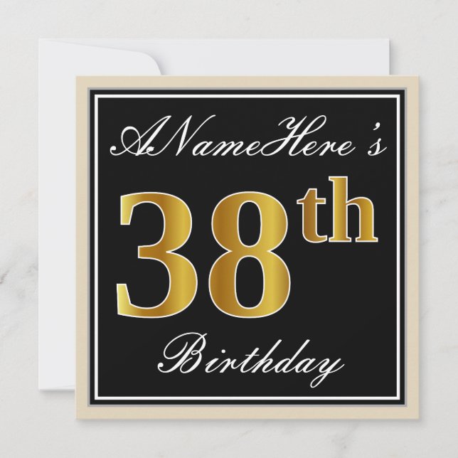 Invitation Elégant, Noir, Faux Or 38ème Anniversaire + Nom (Devant)