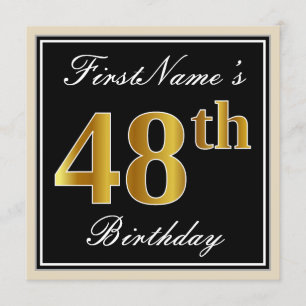 Invitation Elégant, Noir, Faux Or 48ème Anniversaire + Nom