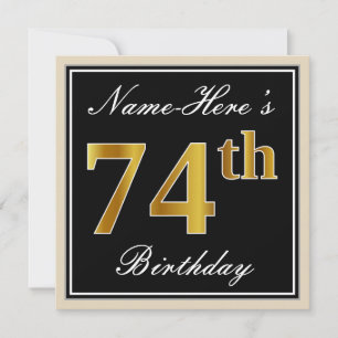 Invitation Elégant, Noir, Faux Or 74ème Anniversaire + Nom