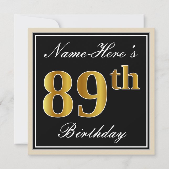 Invitation Elégant, Noir, Faux Or 89ème Anniversaire + Nom (Devant)
