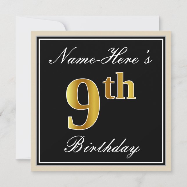 Invitation Elégant, Noir, Faux Or 9ème Anniversaire + Nom (Devant)