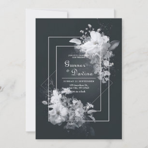 Invitation Élégant noir floral blanc Mariage Accents
