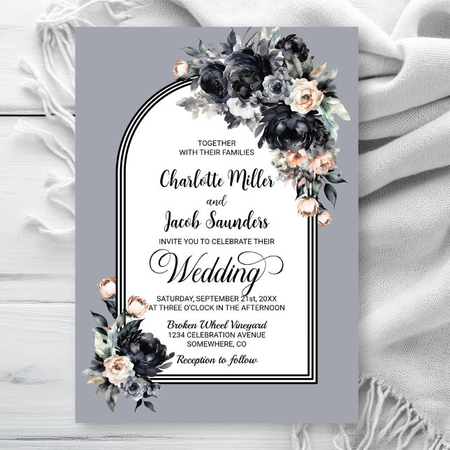 Invitation Élégant noir floral gris Mariage arche (Créateur téléchargé)