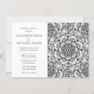 Invitation Elégant Noir Floral Mandala Blanc Design