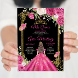 Invitation Elégant noir Fuchsia rose Floral Mis Quince