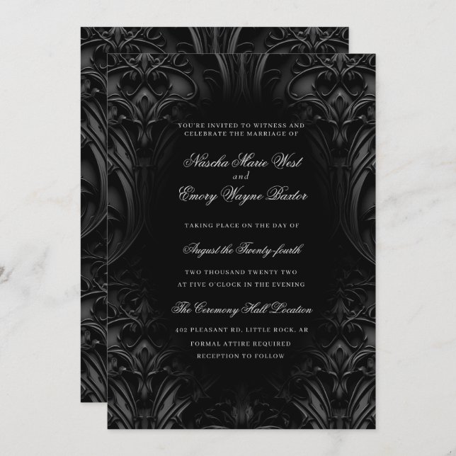 Invitation Élégant noir gothique Damask Moody Mariage (Devant / Derrière)