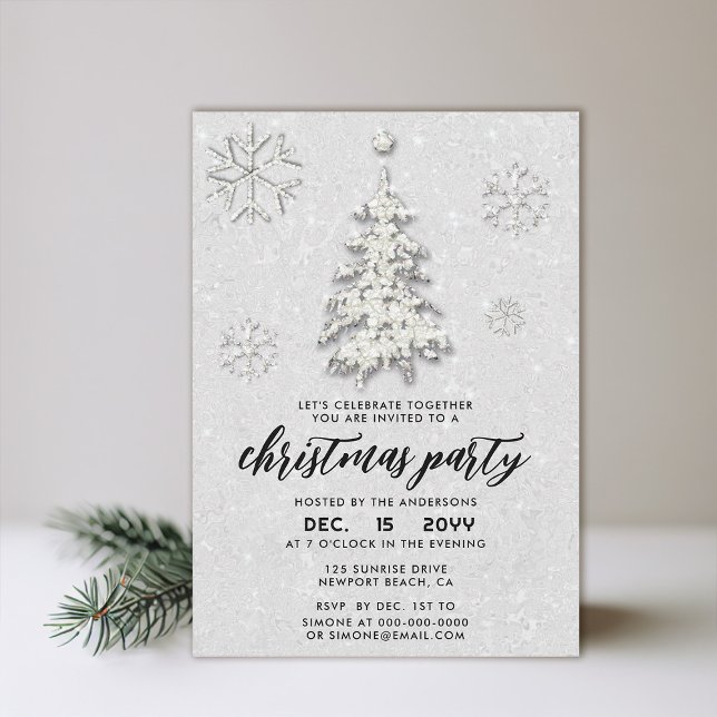 Invitation Elégant noir noir blanc Rhinestones hiver Noël (christmas party invitation elegant snowflakes tree sparkles minimalist modern red white black)
