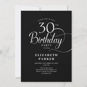 Invitation Élégant noir noir blanc Script 30e anniversaire