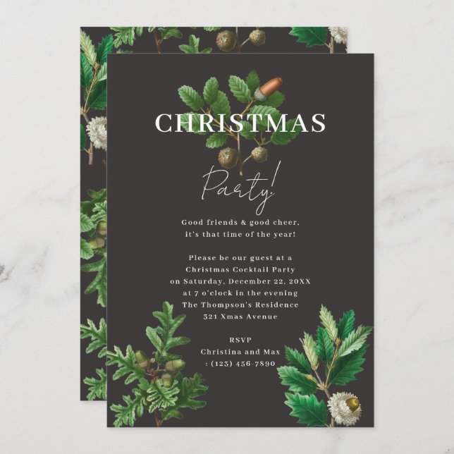 Invitation Élégant Noir Noir Noël Acorn Fête de Noël (Devant / Derrière)