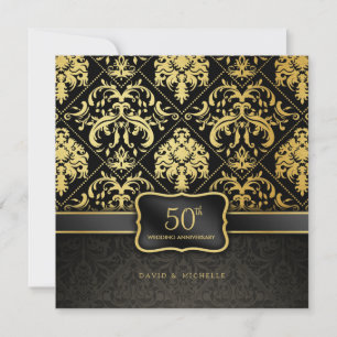 Invitation Élégant Noir & Or 50ème Anniversaire de Mariage