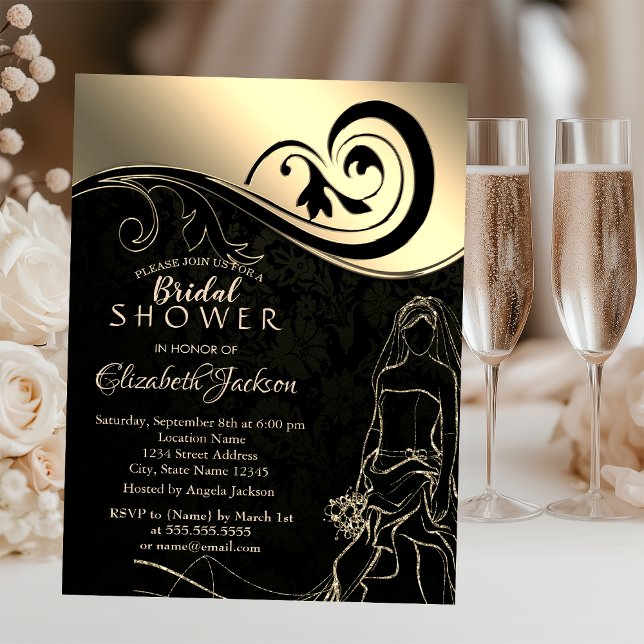 Invitation Élégant Noir, Or Mariée, Réception de Mariage (Créateur téléchargé)