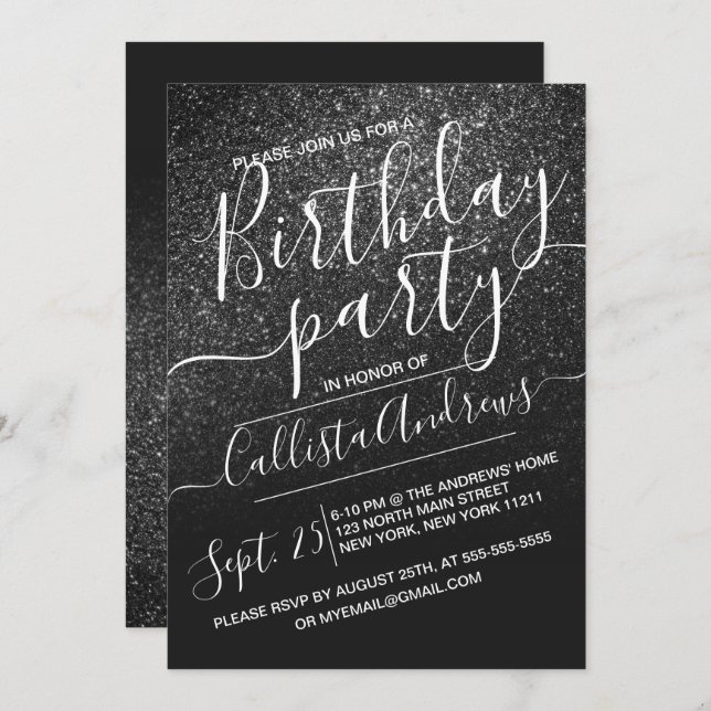 Invitation Elégant noir Parties scintillant brillant Ombre An (Devant / Derrière)