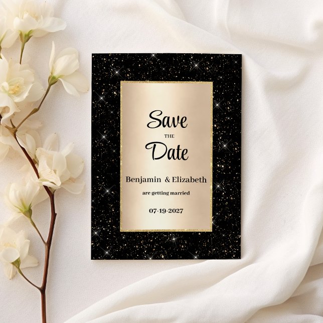 Invitation Élégant noir parties scintillant d'or confetti Enr (Elegant black gold glitter confetti Save the Date)