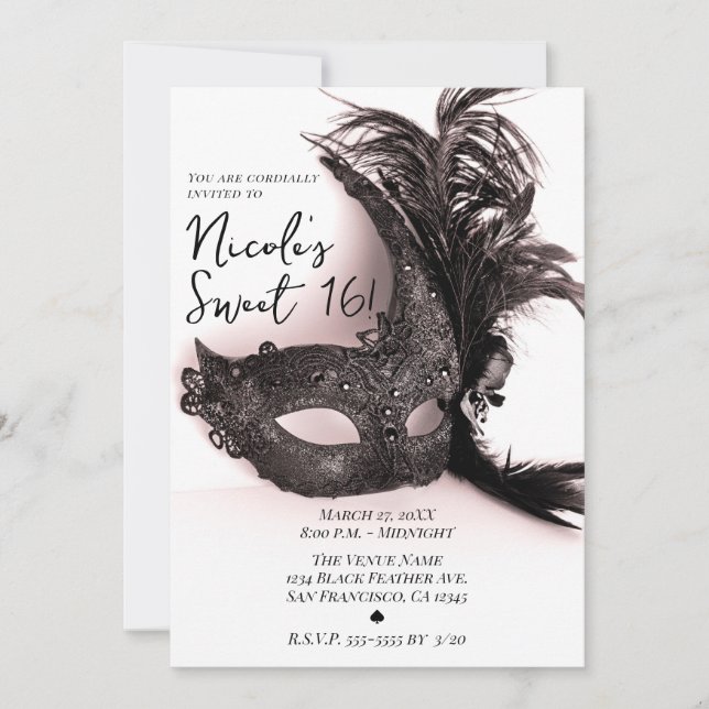 Invitation Elégant noir plumes Masquerade Blush Sweet 16 (Devant)