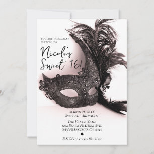 Invitation Elégant noir plumes Masquerade Blush Sweet 16