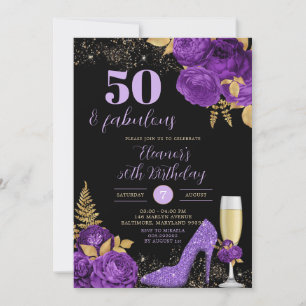 Invitation Elégant noir pourpre Stiletto talon Floral Anniver