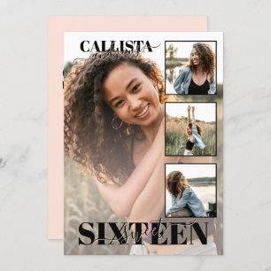 Invitation Élégant noir rose moderne quatre photos doux 16