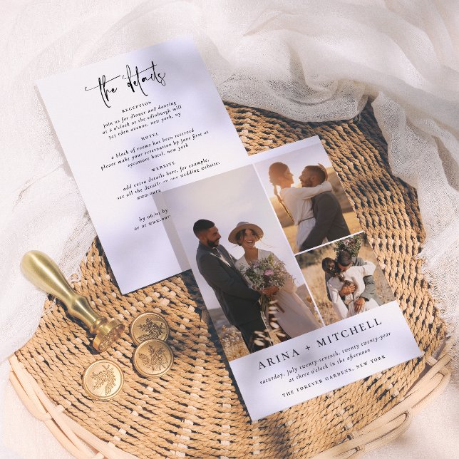 Invitation Élégant noir tout en un QR Code 3 Mariage photo (Créateur téléchargé)