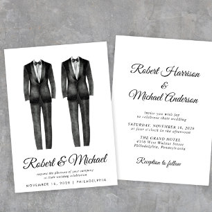 Invitation Elégant noir Tuxedo Aquarelles Mariage gay