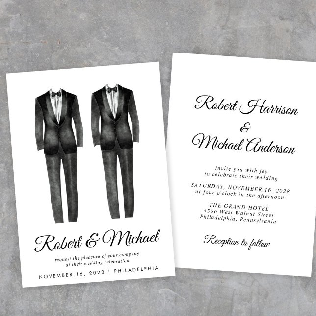 Invitation Elégant noir Tuxedo Aquarelles Mariage gay (Créateur téléchargé)