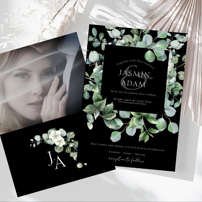 Invitation Elégant noir vert Eucalyptus Mariage photo (Elegant Black Greenery Eucalyptus Photo Wedding Invitation)