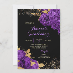 Invitation Elégant noir violet or Stiletto Quinceañera