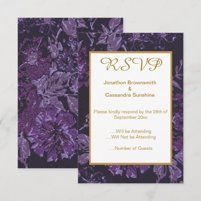 INVITATION ÉLÉGANT NOIR VIOLET  RSVP FLORAL VINTAGE (Devant / Derrière)