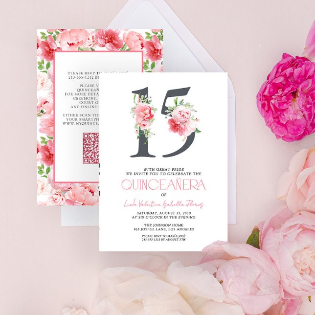Invitation Élégant nombre floral 15 rose QR Quinceañera (Créateur téléchargé)