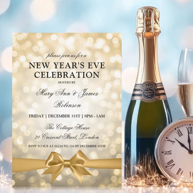 Invitation Elégant Nouvel An Eve Gold Bokeh éclaire Bow (Elegant New Years Eve Gold Bokeh Lights Bow Invitation)