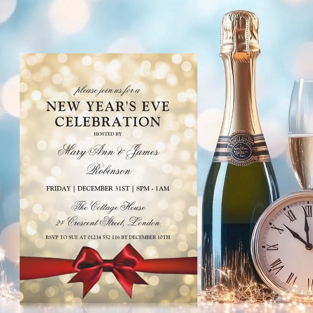 Invitation Elégant Nouvel An Eve Gold Bokeh éclaire Red Bow (Elegant New Years Eve Gold Bokeh Lights Red Bow Invitation)