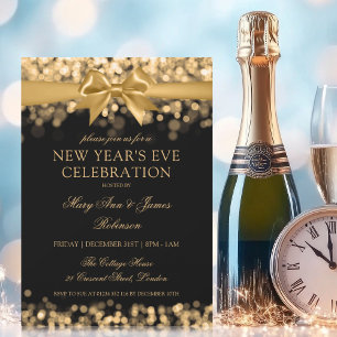 Invitation Elégant Nouvel An Eve Gold Shimmer Lights Bow