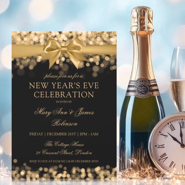 Invitation Elégant Nouvel An Eve Gold Shimmer Lights Bow (Elegant New Years Eve Gold Shimmer Lights Bow Invitation)
