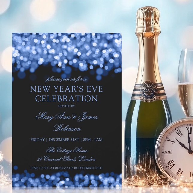 Invitation Élégant Nouvel An Eve Navy Lumières Chatoyantes (Elegant New Years Eve Navy Shimmering Lights Invitation)