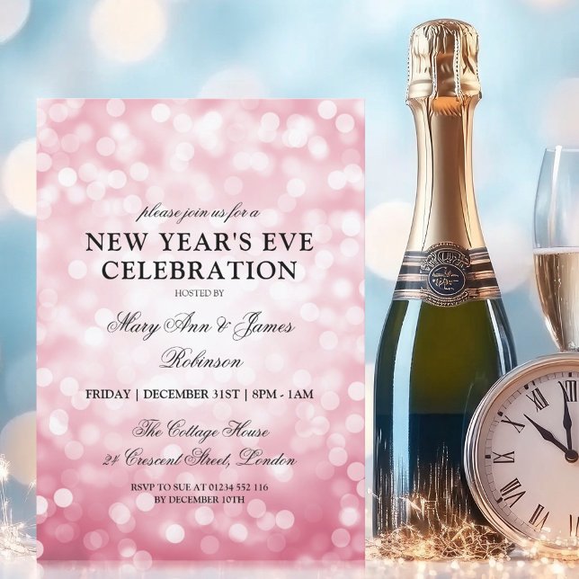 Invitation Élégant Nouvel An Eve Rose Bleu Bokeh Lumières (Elegant New Years Eve Blush Pink Bokeh Lights Invitation)