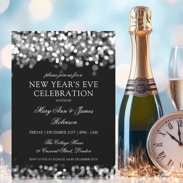 Invitation Élégant Nouvel An Soir Silver Lumières Chatoyantes (Elegant New Years Eve Silver Shimmering Lights Invitation)