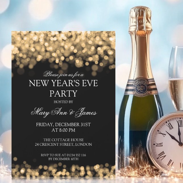 Invitation Élégant Nouvel An Sove Party Gold Lumières (Elegant New Years Eve Party Gold Lights Invitation)