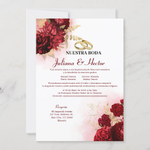 Invitation Élégant Nuestra Boda Rouge Mariage Floral