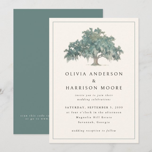 Invitation Elegant Oak Tree Green QR Code Southern Wedding (Devant / Derrière)