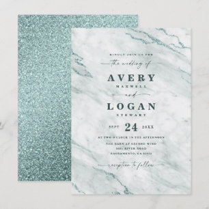Invitation Élégant Océan Aqua Marbre & Mariage Paillettes
