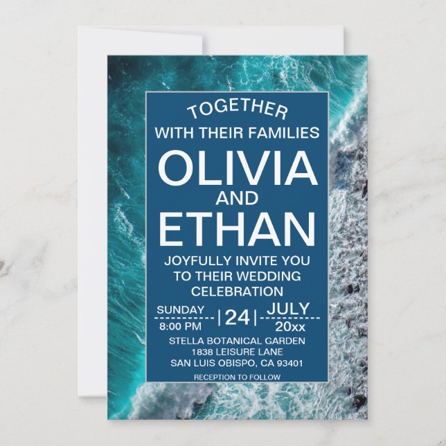 Invitation Elégant Ocean Navy Blue Waves Beach Wedding (Devant)