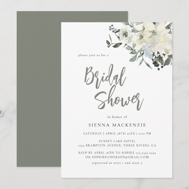 Invitation Elegant Olive Green Delicate Floral Bridal Shower (Devant / Derrière)