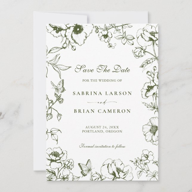 Invitation Elegant Olive Green Floral Garden Save The Date (Devant)
